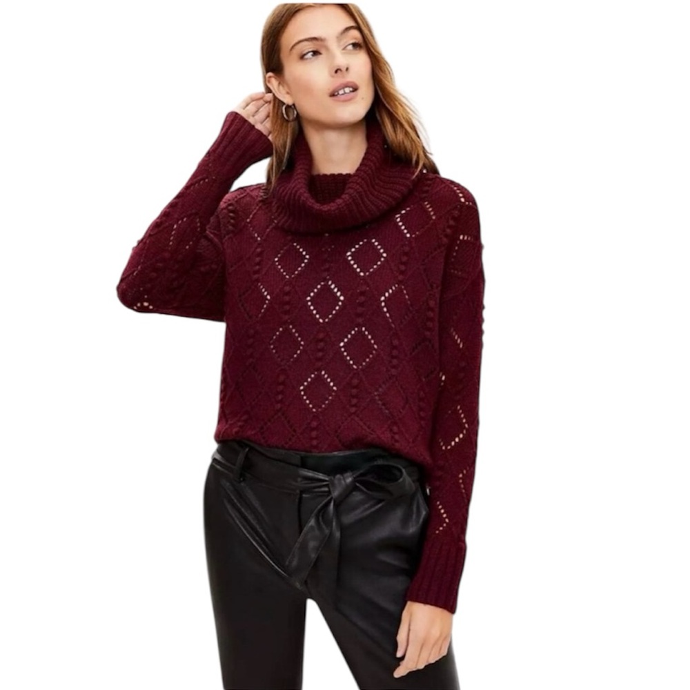 LOFT Bubble Turtleneck Long Sleeve Pointelle Pullover Sweater in Burgundy Size S